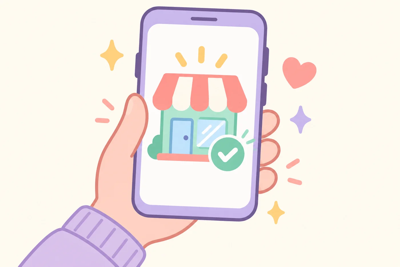 スマートフォンでショップ情報を確認する様子のイラスト