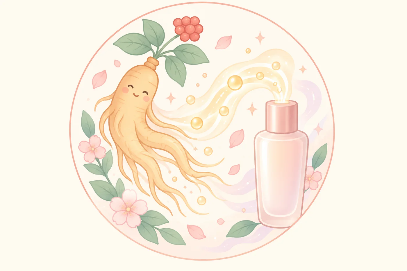 高麗人参と無地のスキンケアボトルを結ぶ抽象イラスト
