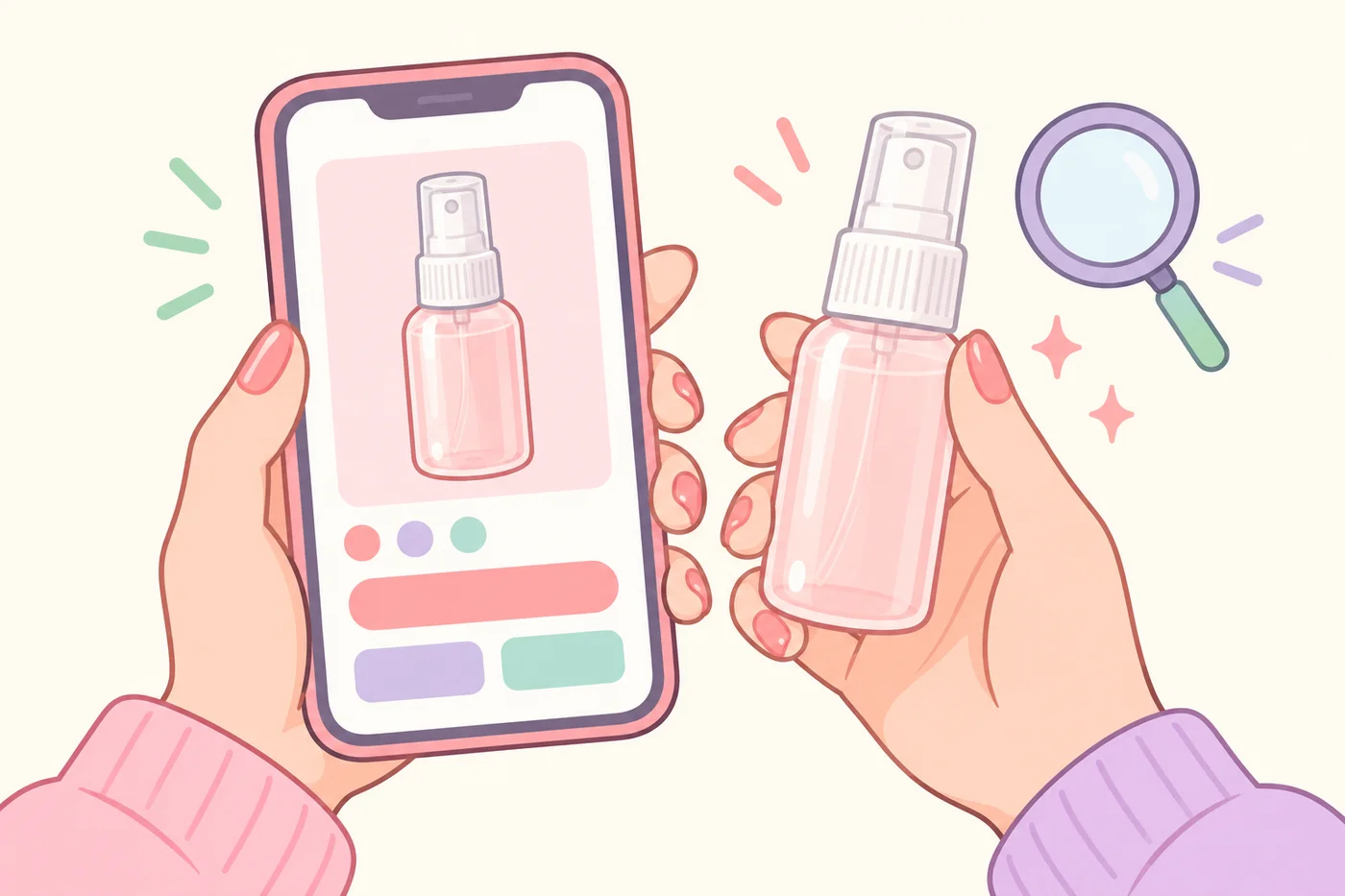 スマートフォンの商品ページと実物を見比べて確認している様子のイラスト