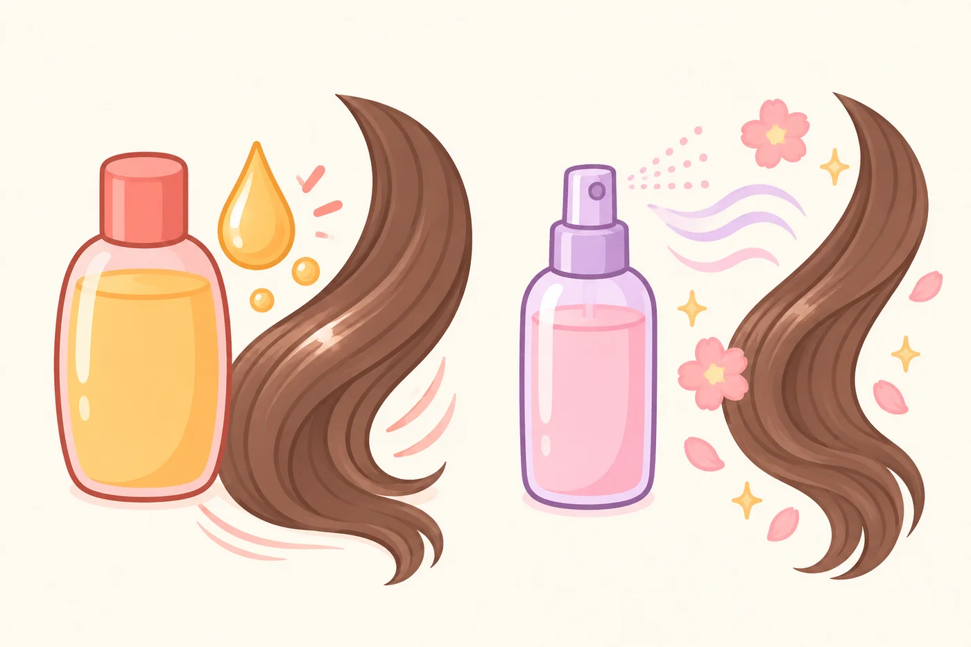 ヘアオイルとヘアフレグランスミストの役割の違いを示した比較イラスト