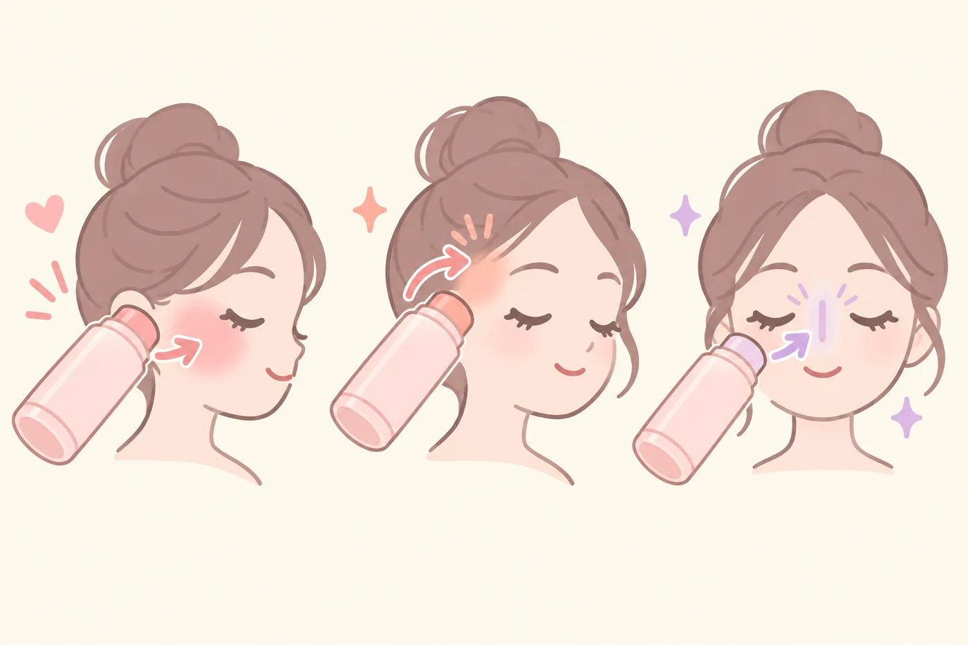 1本のコスメスティックを頬・こめかみ・鼻筋に使うイメージイラスト