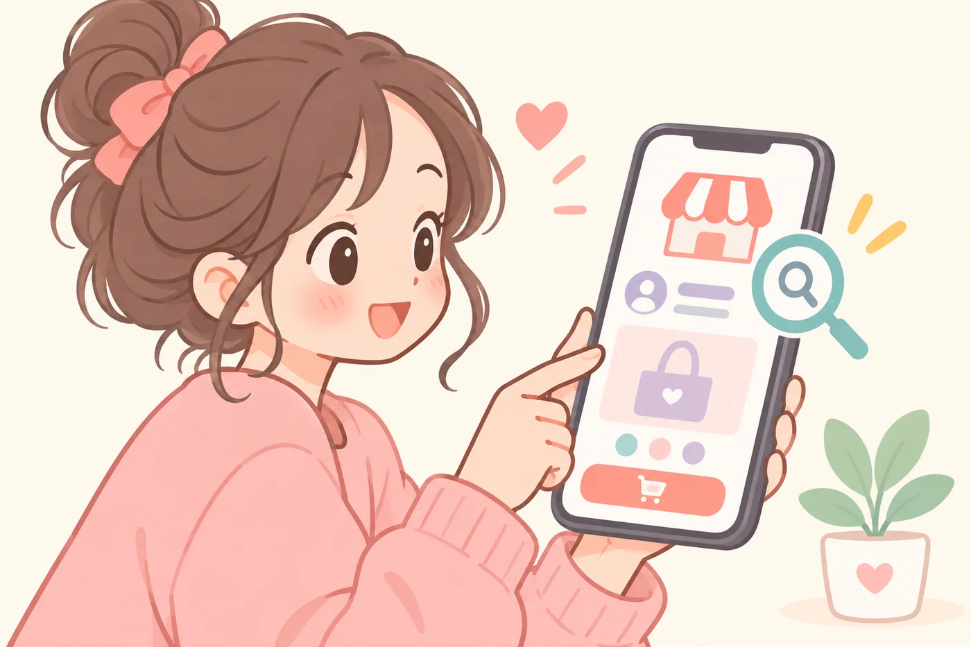 スマートフォンでショップの出店者情報を確認しているイラスト