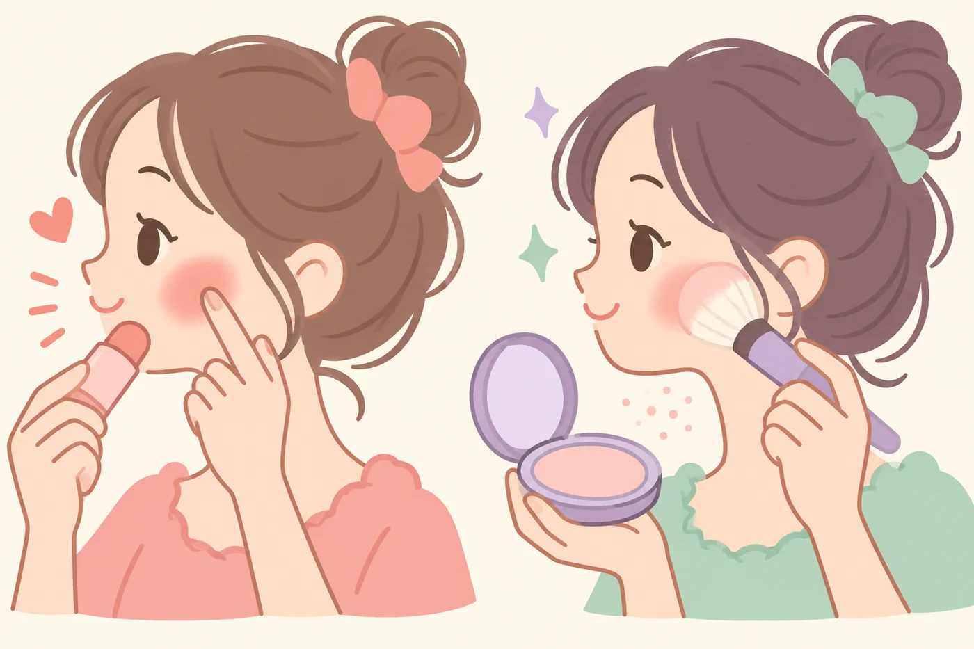 スティックチークとパウダーチークの使い方の違いを比較したイラスト